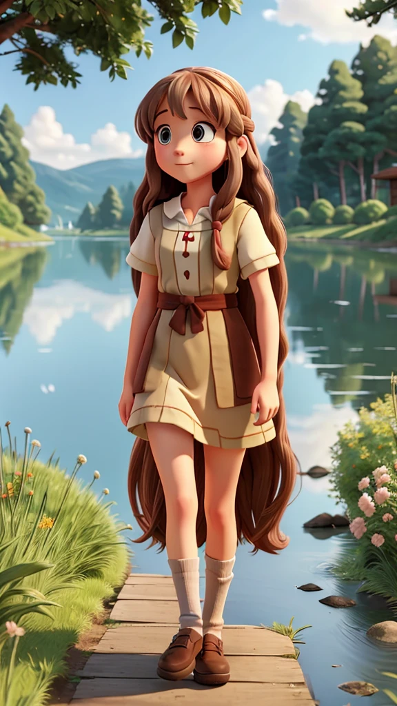 A girl with long hair walking along a lake in Ghibli style