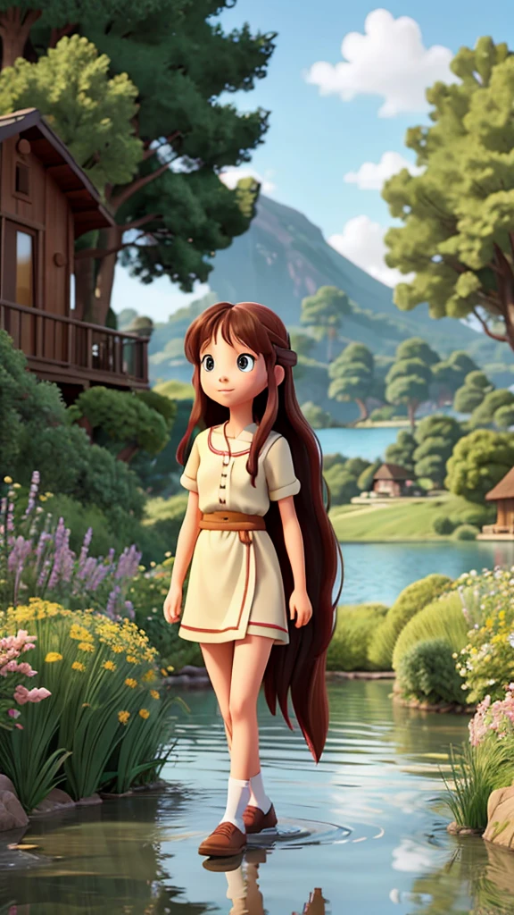 A girl with long hair walking along a lake in Ghibli style