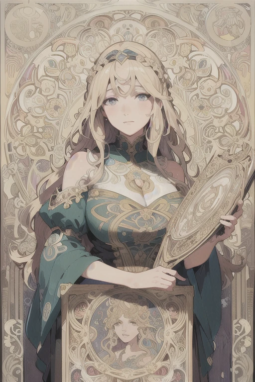 European woman face portrait , Long Curly Hair, blonde, Floral frame, Decorative panel, Abstract art, Alphonse Mucha
(masterpiece, Highest quality, High resolution:1.4), detailed, Intricate details, 4K, Splashes of color, Line art,   Fibonacci,
