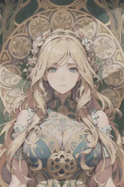 European woman face portrait , Long Curly Hair, blonde, Floral frame, Decorative panel, Abstract art, Alphonse Mucha
(masterpiece, Highest quality, High resolution:1.4), detailed, Intricate details, 4K, Splashes of color, Line art, Fibonacci,