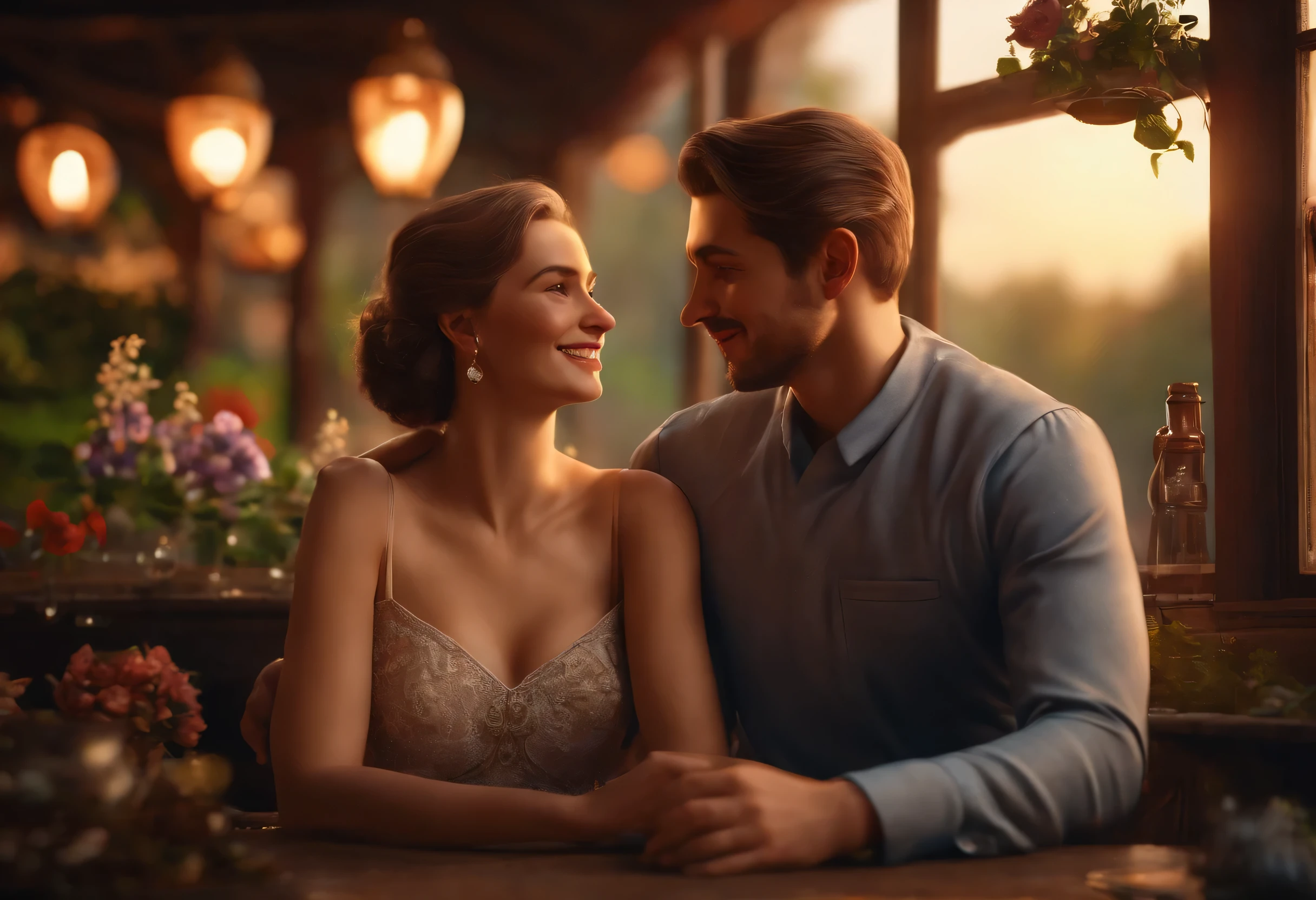 A man and a woman of Slavic appearance in a small cozy restaurant, Evening, sunset, hanging flowers, ((the woman is a little plump)),in a beautiful feminine dress, Man in shirt and trousers, slim with glasses,they smile and look at each other. ultra detailed, hyperrealism, Best quality, 8 k