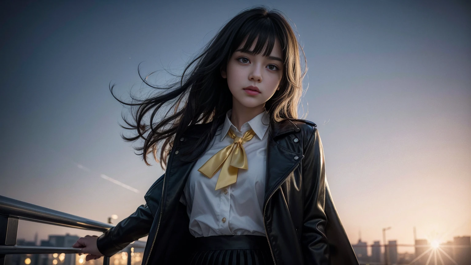 One girl, Exquisite detail, masterpiece, Highest quality, Very detailed,Cinema Lighting, Beautiful sparkle, Beautifully detailed face and eyes, 8K, Dark intense shadows, Yellow Eyes, Medium Hair, Black Hair, bangs, Floating Hair, Black jacket, Open jacket, White shirt, Expressionless, Yellow tie, Black Skirt, Spotlight, sunlight, sunrise, Gradient Sky, city, Lens flare, Cowboy Shot, [[Curvy]], [Mature Woman]