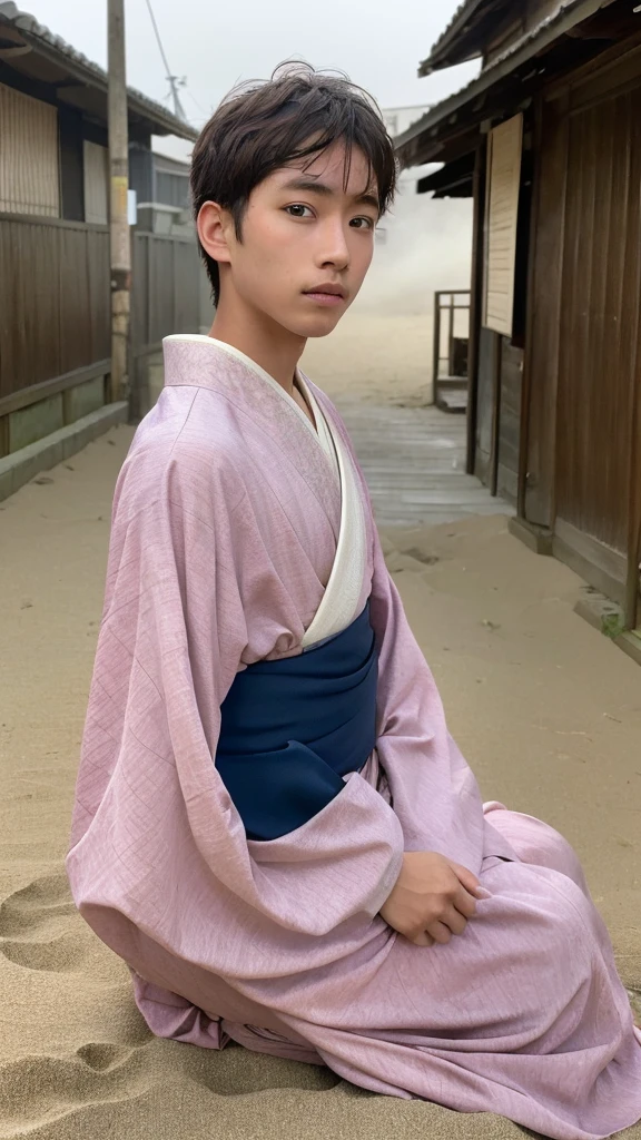 High resolution, 4K, late Edo period street scene, dust in the air, somewhat eerie, a boy in a kimono sitting on the beach looking at the sea.