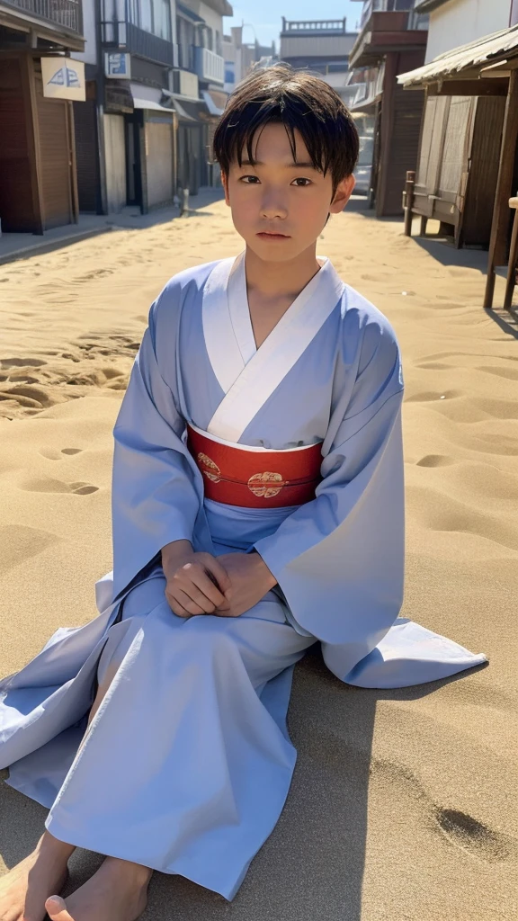 High resolution, 4K, late Edo period street scene, dust in the air, somewhat eerie, a boy in a kimono sitting on the beach looking at the sea.