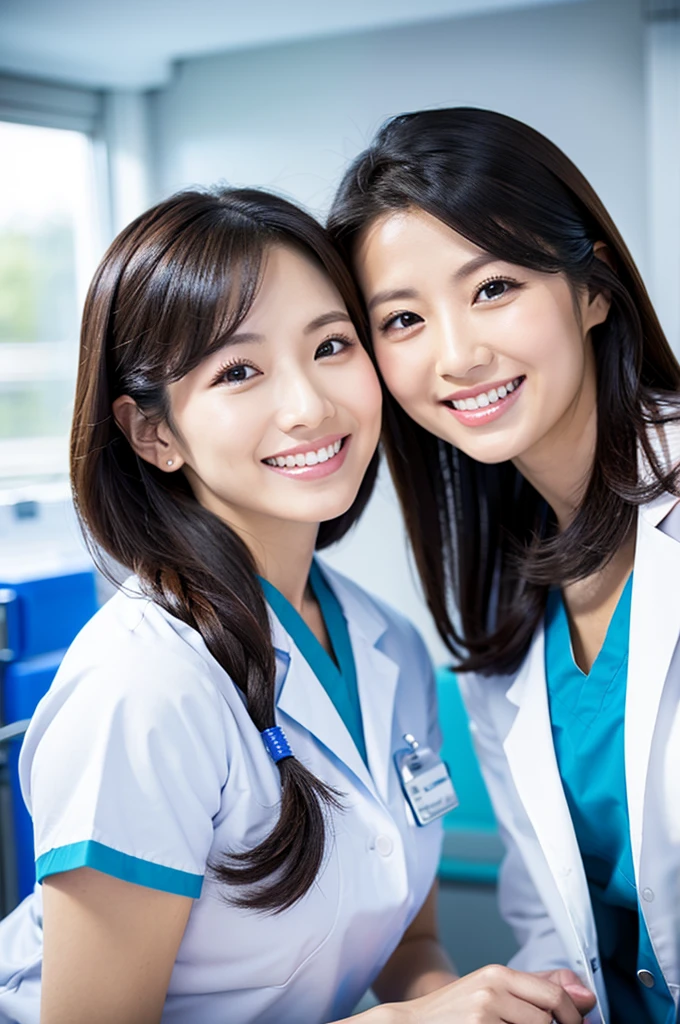 Dental hygienist, only two women　横並び smile Whiteの医療スクラブ着用 日本人 黒髪 20代前半女性　Upper body close-up　high resolution　high resolution　Highest quality　smile　Photo shoot in the hospital　White　Nurse uniform　I don&#39;t put my face on