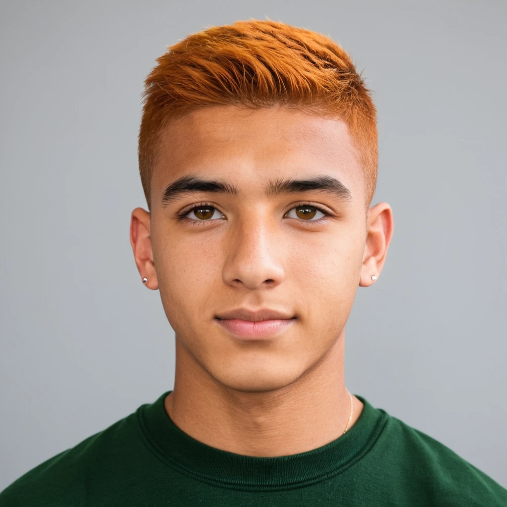 Handsome guy,  Scottish mix Latino , orange hair, green eyes, short hair, buzzcut hair,   student