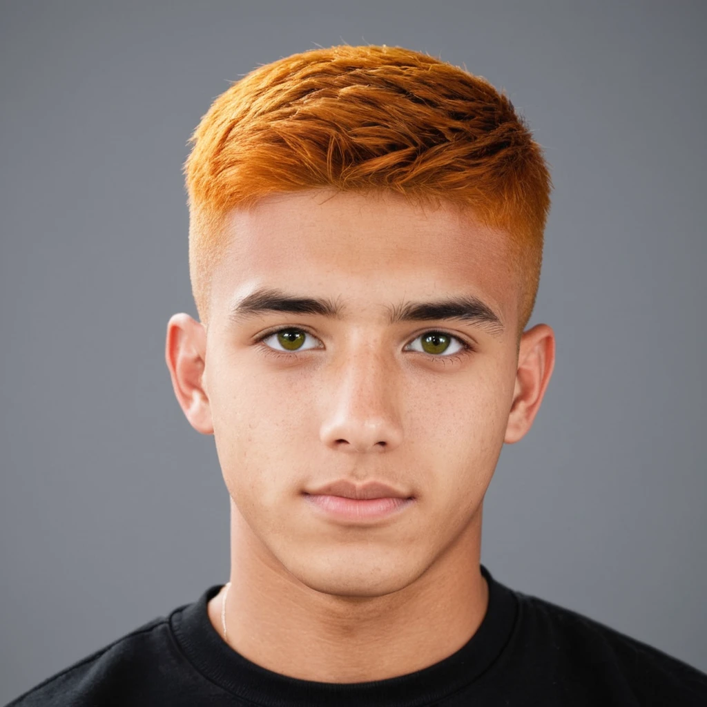 Handsome guy, Scottish mix Latino , orange hair, green eyes, short hair, buzzcut hair, 17 years old student