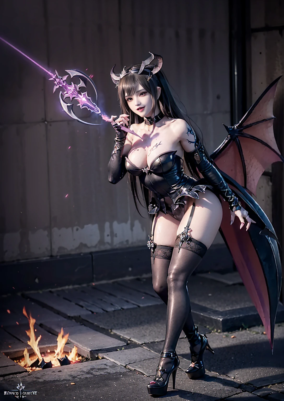 best quality, masterpiece,ultra detailed, official art,(extremely detailed CG unity 8k
wallpaper), (masterpiece), best quality, illustration, (powerful), art oflight, artist style, beautiful detailed star sky,(((bat print black kneehighs ))), (cygames:1.4), (dark flame:1.3), Japanese light novel cover, grand scene, dark bodysuit,((fullbody)),((succubus tail)),
(beautiful detailedgirl), (((solo))),(((full body))),wet skin, (((demon queen))),
metal, complex pattern, beautiful detailed hair,red luminous eyes, longeyelashes,
((constricted pupils)),pointy ears, slit pupils,silver long hair,beautiful collarbone , (purple tattoo), (tattoo on leg), tattoo on arm, luminous gem on chest,(demon heart tail),demon fang, pointy ears,
((purple long fingernails)),(bat decorate soft armor), ((bat decorate high heels)),giant bat wings,(fingerless_gloves), bat print black garter belt, (elbow_gloves),fang out, a group of
bats, ((endured_face, open mouth, seductive smile, )),lingerie,
bat decorateanklet,bat decorate body,(presenting foot), (luminous tattoo),(queen),useing magical, (beautiful detalied hands), nfsw, (((pink steam from full body ))), ((2legs)) , ((neck biting)),