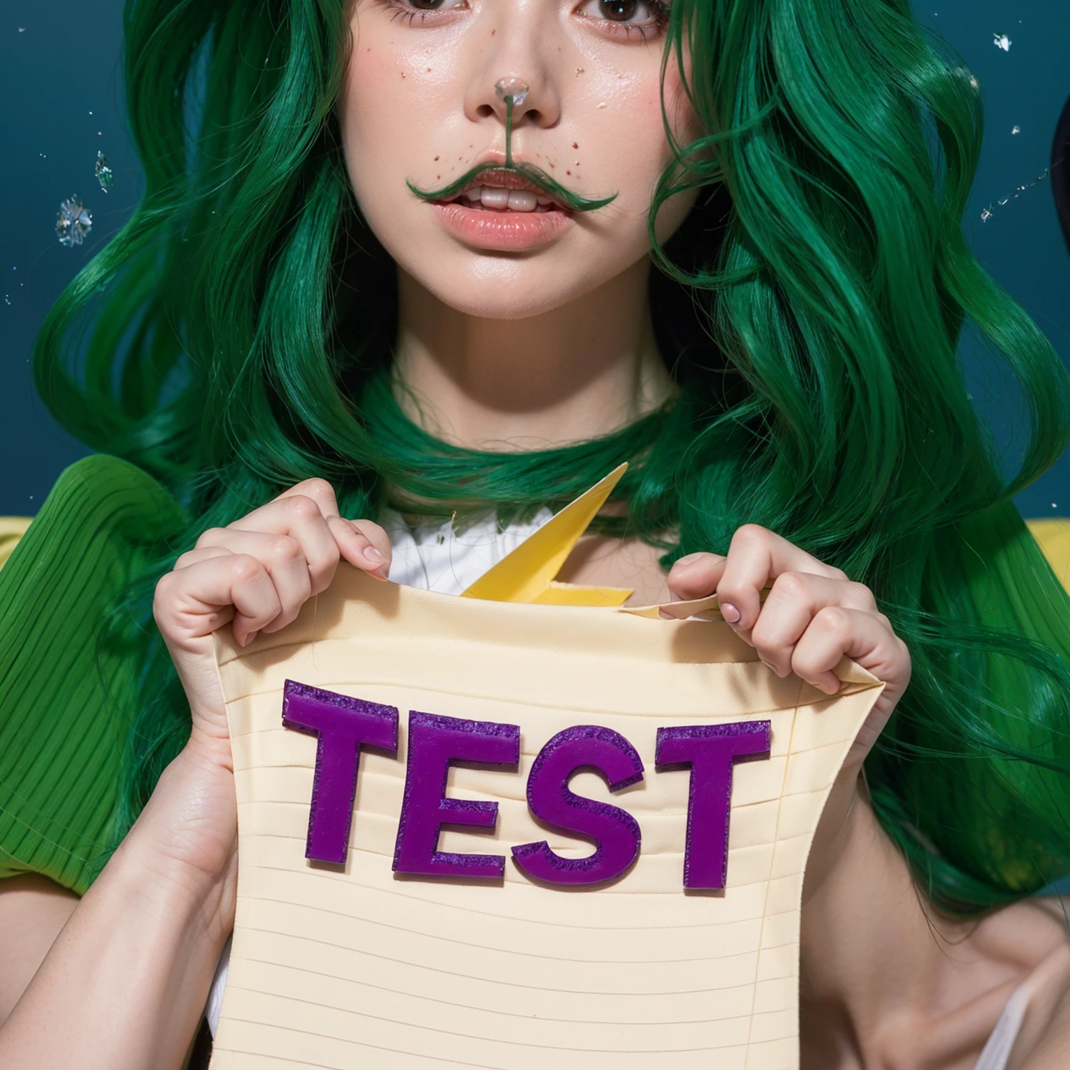 This image creatively merges whimsy and concept, featuring a young woman with vibrant green hair styled in luscious curls, suggestive of a playful or fantasy character. Her face is painted with a cute bunny nose and whiskers, adding a playful and charming touch to her overall look. She holds up a piece of paper with the word "TEST" written in bold, purple letters, which contrasts sharply with the simplicity of the lined paper it's written on. The background adds an additional layer of intrigue, blending a cosmic or starry night motif with the more grounded and whimsical elements of her character. The juxtaposition of her playful costume, the mundane object of a paper, and the ethereal background suggests a narrative or theme centered around creativity, learning, or perhaps a playful take on academic challenges. The overall composition is engaging and visually striking, filled with color and life.eye-catching visual. This portrayal captures the essence of a character full of life, joy, and a touch of whimsy. 3d model, multiple light sources, rim light, sharp post broken glass magic ball of turquoise color with fragments lying nearby frame above from above on a white background effects render, (glossy plastic texture with multiple big light probe refractions), perfect cgi, smooth silhouette, high intensity refraction, (super glossy plastic material), most beautiful vfx, , realistic, 4k, high resolution, rim light, smooth 3d model, multiple light sources, rim light, sharp post effects render,, realistic, 4k, high resolution, rim light detailed digital art, reflective, best quality, 4k, masterpiece:1.2, ultra-detailed, realistic, vivid colors, The image of the highest quality, ensuring every detail showcased perfectly. It in 4k resolution, allowing viewers to immerse themselves in the richness of the colors and intricate details. The realistic rendering. under the spotlight, reflecting, high-resolution image, realistic rendering