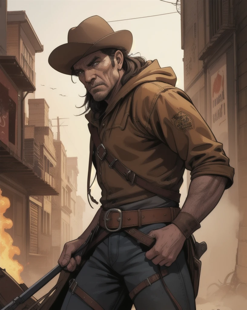 Graphic novel style illustrations of portraits., Strong Old Cowboy, Western Movies, epic, wild west city background, sharp, very detailed, HD, HDR, 4K, High quality, high resolution, 2d, Masterpiece, epic, cinema, Digital Artwork