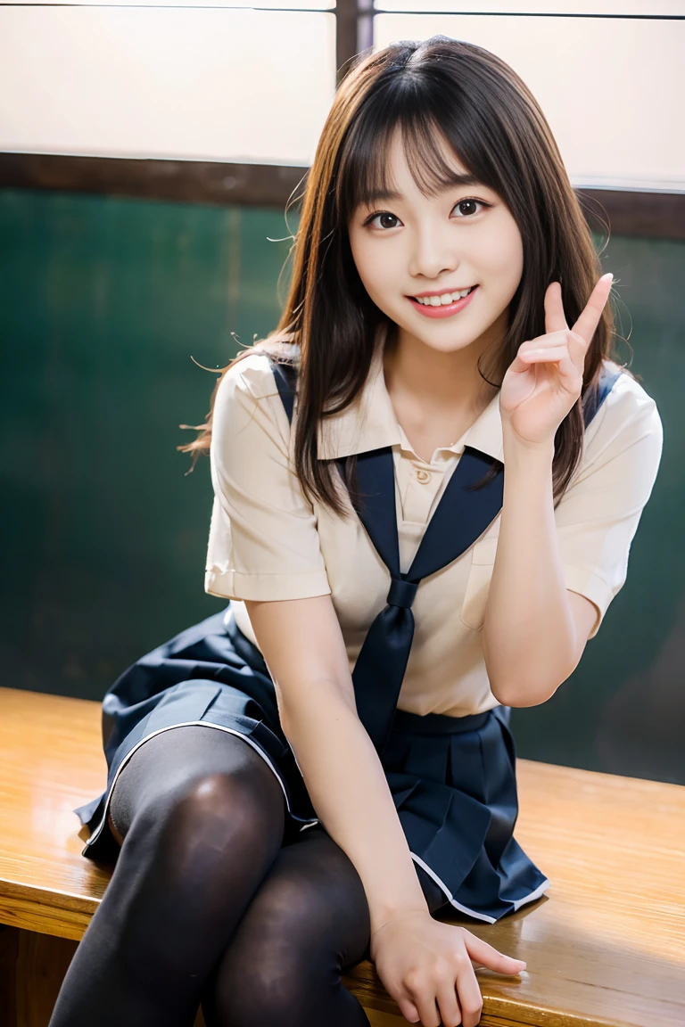 Ulchan-6500-v1.1, (Raw photo:1.2), (Photorealistic), beautiful detailed girl, sitting on a bench、(authentic: 1.4), ((japanese school uniform:1.2、Super realistic black tights:1.2))、((night city:1.2)), Self-binding, instagram、game_nffsw, huge file size, A high resolution, Very detailed, top quality, [masterpiece:1.6], enlightenment, Very detailed, nffsw, finely, top quality, 8k wallpaper, cinema lighting, 1 girl, 17 years, ideal body shape, Sweet downcast eyes, beautiful big eyes、point a finger, ((table)), top quality, 1 girl, eyeshadow, portrait, ((full body shot:1.4))、(Very affectionate smile:1.2)、realistic skin texture、shiny skin、naked thighs!!!