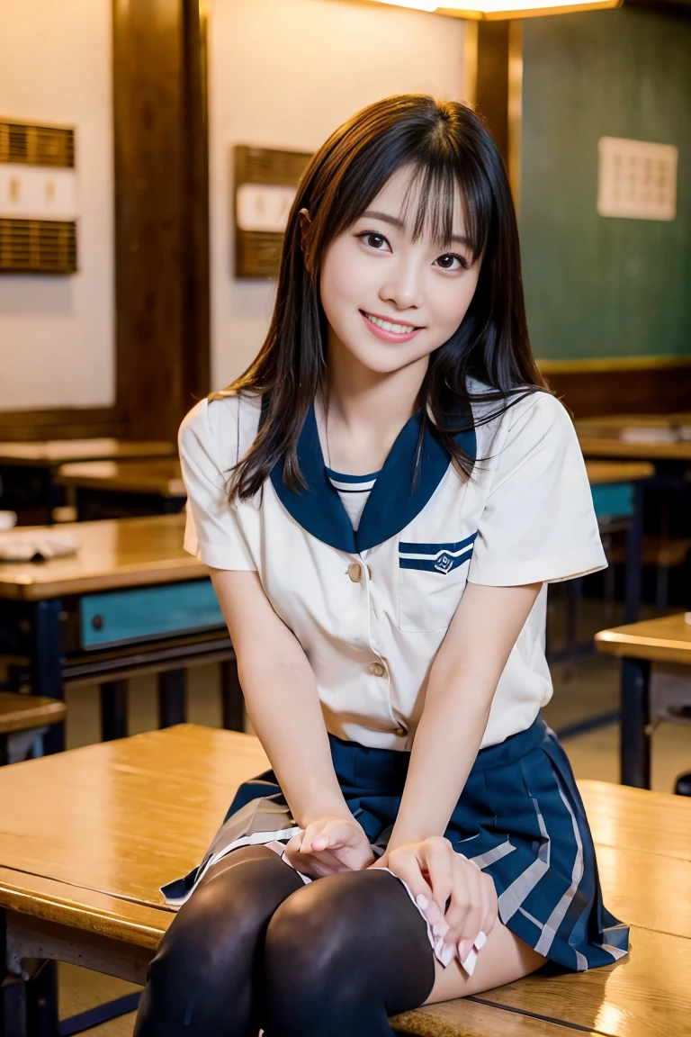 Ulchan-6500-v1.1, (Raw photo:1.2), (Photorealistic), beautiful detailed girl, sitting on a bench、(authentic: 1.4), ((japanese school uniform:1.2、Super realistic black tights:1.2))、((night city:1.2)), Self-binding, instagram、game_nffsw, huge file size, A high resolution, Very detailed, top quality, [masterpiece:1.6], enlightenment, Very detailed, nffsw, finely, top quality, 8k wallpaper, cinema lighting, 1 girl, s, ideal body shape, Sweet downcast eyes, beautiful big eyes、point a finger, ((table)), top quality, 1 girl, eyeshadow, portrait, ((full body shot:1.4))、(Very affectionate smile:1.2)、realistic skin texture、shiny skin、naked thighs!!!