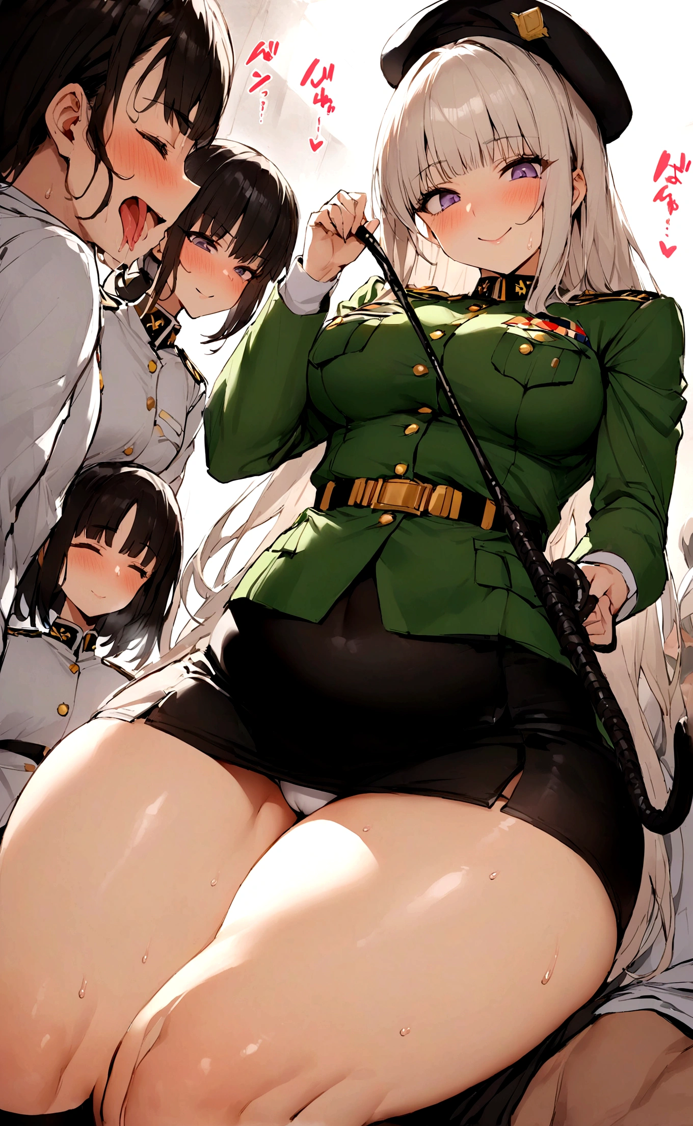 One Woman、A large number of people、Beauty、uniform、intimidating face、思い切り脚を広げてSitting on a man's face、Riding a horse on a man、Facesitting、military base、Female Officer、crowd、緑のuniform、Sitting on a man's face、Face sitting torture、beret、Tight Skirt、Military personnel、30 years old、Looking down at the viewer, long hair、Bangs, Highest quality, Focus on the thighs, smile,panties、bra、Plump thighs、Big Ass、Big y thighs are steaming between the legs 、ムレムレのKnee-high socks、Knee-high socks、Angle from directly below、Holding a whip、crowdを誘惑する、Acme convulsions、Obscene sound effects、Naughty sound effects、Facesitting