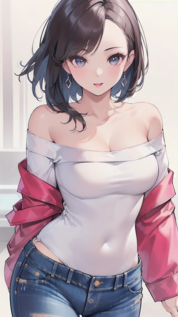 ((best quality)),(Ultra-high resolution),(Super detailed),(Detailed description),((Best CG)),(best art),ultra-precision art,Amazing painting art,(Fashion art with precise details:1.5), (1 female model:1.8),(Beautiful and well-proportioned face:1.6),Attractive figure:1.6,(Off-the-shoulder shirt,Accurate and detailed depiction:1.8),(jeans:1.5)Large Breasts,lipstick,Smile