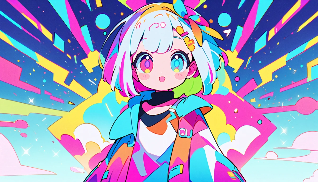 Vibrant art,pop、bright、colorful, 1 female, Light blue hair, short hair、Happy,cute, animation style, kawaii, clearly, colorful cyberpunk, bubblegum pop, cute、Pink and light blue as main colors、I'm cheering loudly、 Headphonesをしている、Headphoneusic、buzzer、buzzer, tropical,