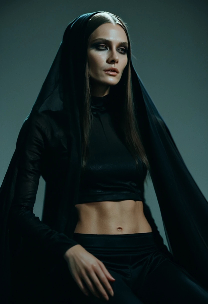 Fashionable of androgynous alien looking witch wearing veil, glowing eyes, beautiful evil slavic muscular woman, pale skin, long hair, futuristic design, minimal details, givenchy, photoreal, 200mm, hd, f/ 2.0, highly detailed, surreal, sitting, light smile, simple black stylish clothes, a slight smiledrop dead, in the style of red and blue, (intricate details, hyperdetailed:1.15) (skin texture:1.2), cinematic, professional, 4k, (((dynamic model pose))), sitting, full body, mesmerizing, dynamic, dramatic, sensual, dynamic pose, highly detailed skin with hair, subcutaneous veins, light and shadow play, highly detailed,24mm photograph, film, bokeh, professional, 4k,