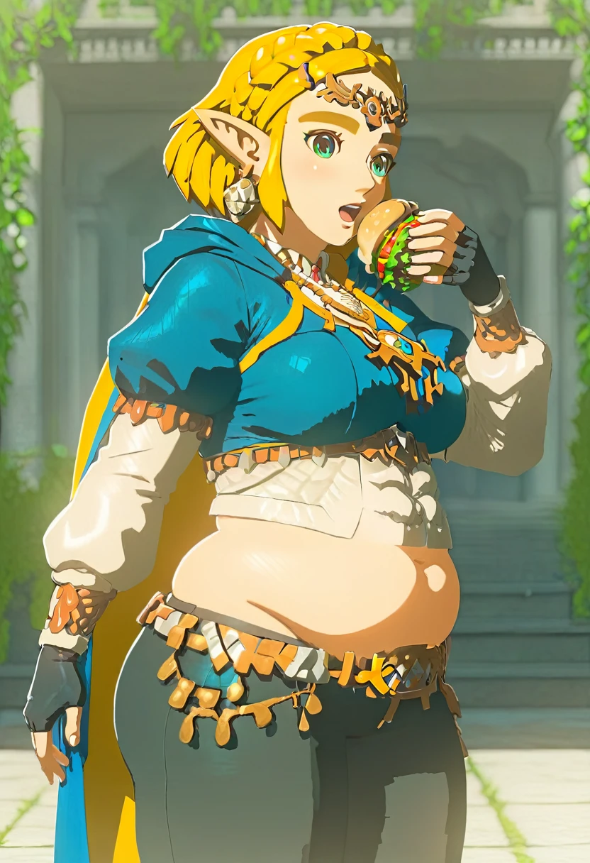 jambes grasses, gros seins, (extremely fine and beautiful:1.1), (perfect details:1.1), (finely detailed eyes and detailed face:1.3), solo, Princess Zelda, narrow hips, slender thighs, small ears, pointy ears, braid, hair ornament, hairclip, gloves, fingerless gloves, blue shirt, shirt, long sleeves, crown braid, bangs, pants, black gloves, green eyes, parted bangs, black pants, blonde hair, short hair, long hair, cape, sidelocks, hood, thick eyebrows, jewelry, hooded cape, belt, tight pants, tight, puffy sleeves, belly fat, belly hang, love handles, plump, massive gut, from side, holding burger, burger in mouth, open mouth, (lonely lost path)