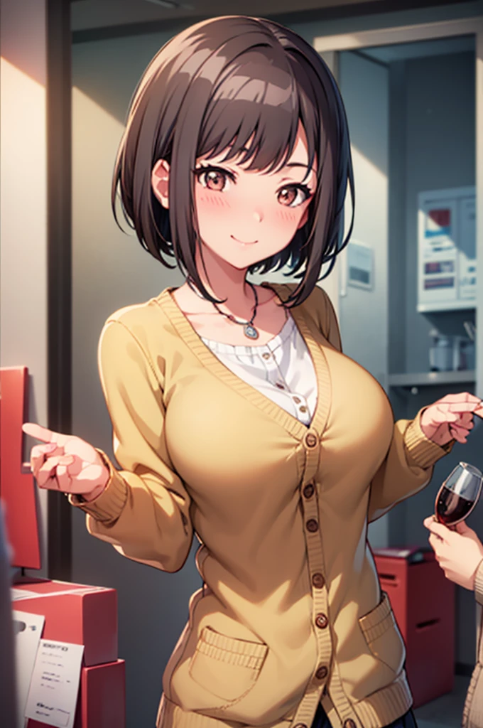 masterpiece, best quality, focus face, (1 girl), dark brown hair, short hair, brown eyes, detailed eyes, large breast, smile, closed mouth, (blush), , light brown cardigan,