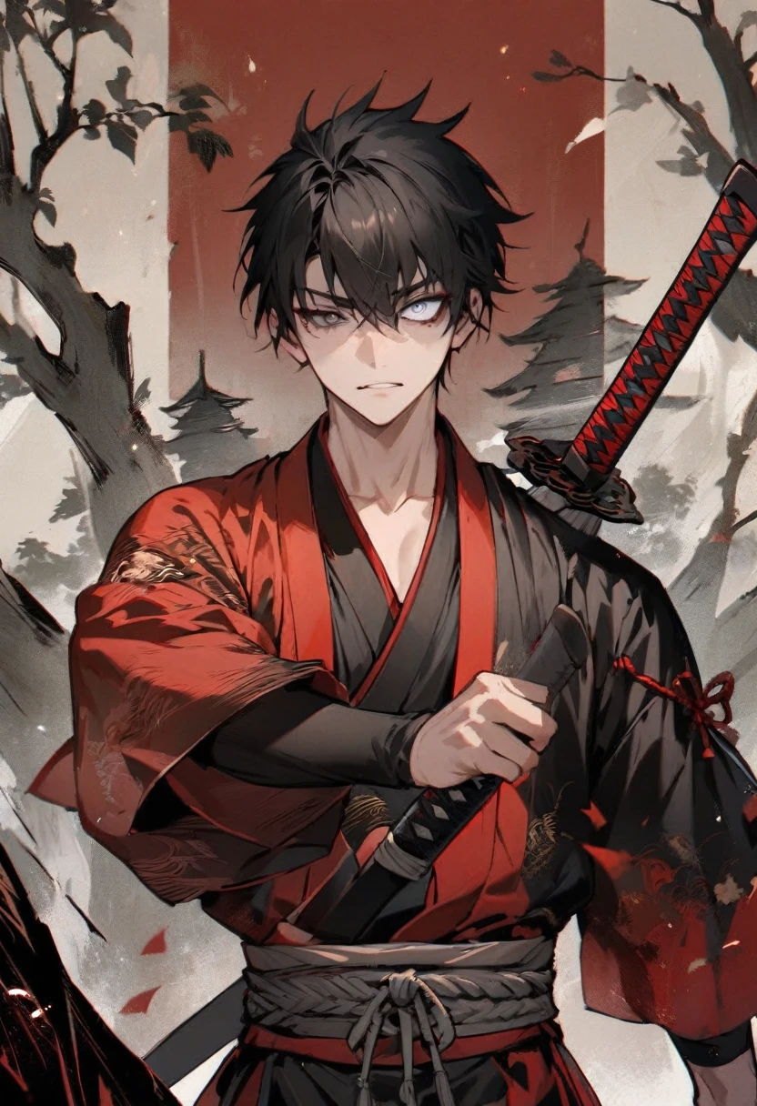 young man ,Male Dark, dark Woods,Red & Black colors, pale eye, samurai dnd, ronin background, hold katana in right hand