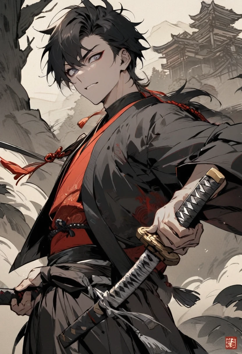 young man ,Male Dark, dark Woods,Red & Black colors, pale eye, samurai dnd, ronin background, hold katana in right hand