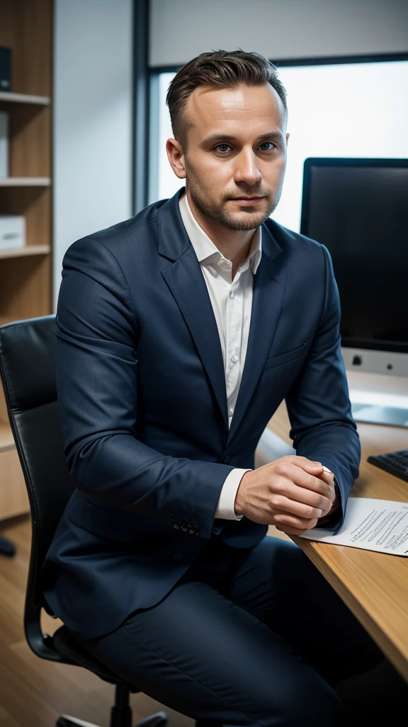 A photorealistic photo of a 32-year-old Polish man lawyer in a sitting pose. Business outfit. Office setting. Capture this image with a high-resolution photograph using an 85mm lens for a flattering perspective