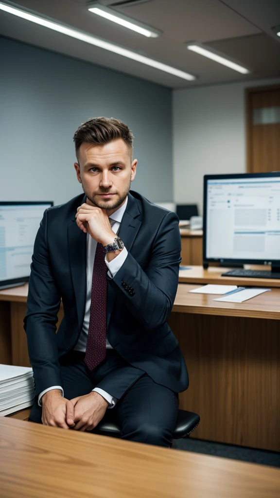 A photorealistic photo of a 32-year-old Polish man lawyer in a sitting pose. Business outfit. Office setting. Capture this image with a high-resolution photograph using an 85mm lens for a flattering perspective