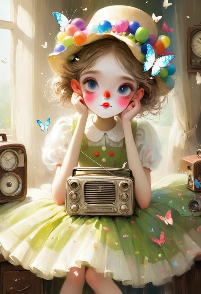 big eyes，A girl in a skirt and a clown hat，Old radio, White butterflies fluttering on her face, 