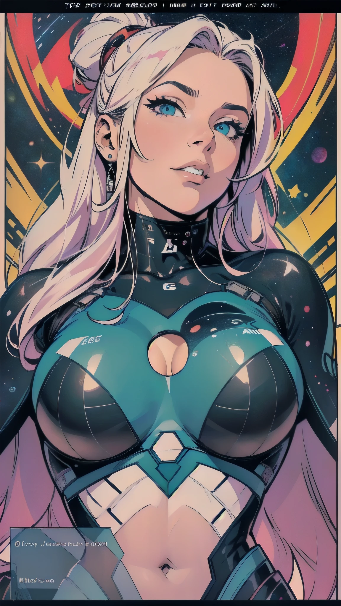 (((ultimate best quality))),((((solo:1.2)))),((((1girl:1.2)))),((((beautiful perfect woman)))),(((detailed perfect body, detailed perfect finger))),((((((ultimate spacethriller movie poster)))))),(((bust up, close up))),(((((American comics))))),(((extreme highlights))),(((Extremely colorful, primary colors))),cleavage, super beautiful lady,(((((typography))))),(((text))),(((((looking up or looking down))))),(((((speech bubble)))))