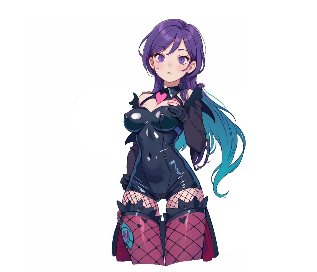 succubus costume, small demonic wings, adolescent, hands on chest, keep positioning, (retain current body proportions), thin black heart shaped tail, black Japanese outfit with teal accents, (large breasts), demonic, (fishnet stockings)