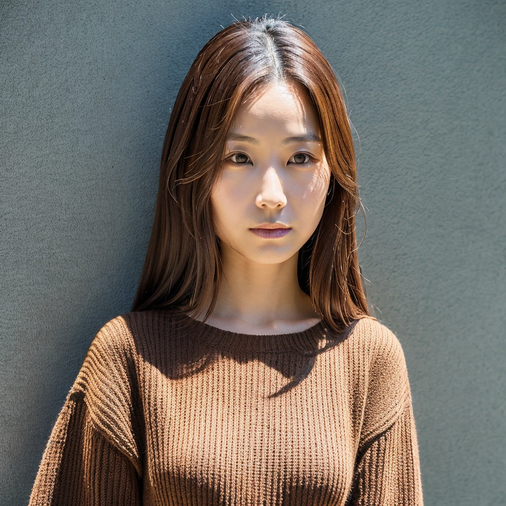front,From waist to head,30 year old Japanese woman,Brown hair with forehead exposed,Black summer knitwear