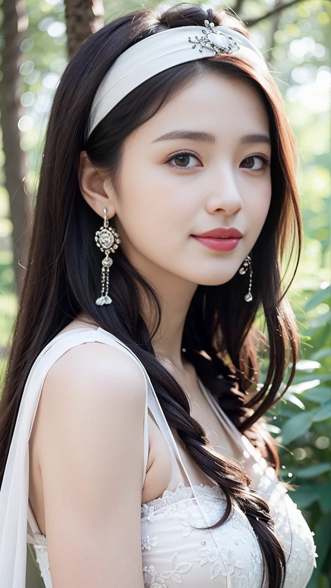 young and beautiful,Beautiful cute girl，Half-length photo。Very beautiful and delicate，Black Hair，Gentle smile，Delicate, beautiful and fair skin，Realistic and realistic，Exquisite and complete facial features，Facial details，High nose bridge，Smooth hair，Highly detailed hair，Femininity，Well-proportioned body，real，White Teeth，tie up with hair，Surrealism，sandals，Ultimate image quality,Highest precision,Precise and perfect human anatomy。Blue sky and white clouds，Sunlight，(Chiffon Headband Top)（Telephoto shooting，）Express the landscape， (A girl in the forest),，highlight portrait，Wearing earrings，Landscape photos,Beautiful transparent girl,Big breasts