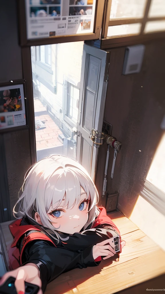 masterpiece, concept art, inside out, close up shot, like selfies, head to toe((must)), aschgray haired early 20's Russian girl, cyberpank fashion, wearing cyber punk fashion, Lying on his back The top roof of a cottage, Ilya Kuvshinov's style(((must)))
