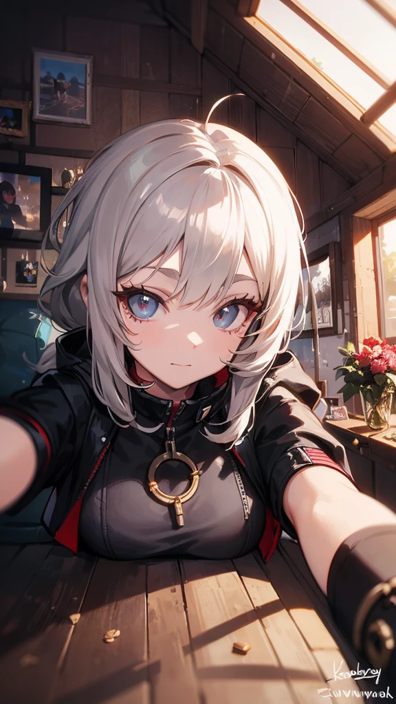 masterpiece, concept art, inside out, close up shot, like selfies, head to toe((must)), aschgray haired early 20's Russian girl, cyberpank fashion, wearing cyber punk fashion, Lying on his back The top roof of a cottage, Ilya Kuvshinov's style(((must)))