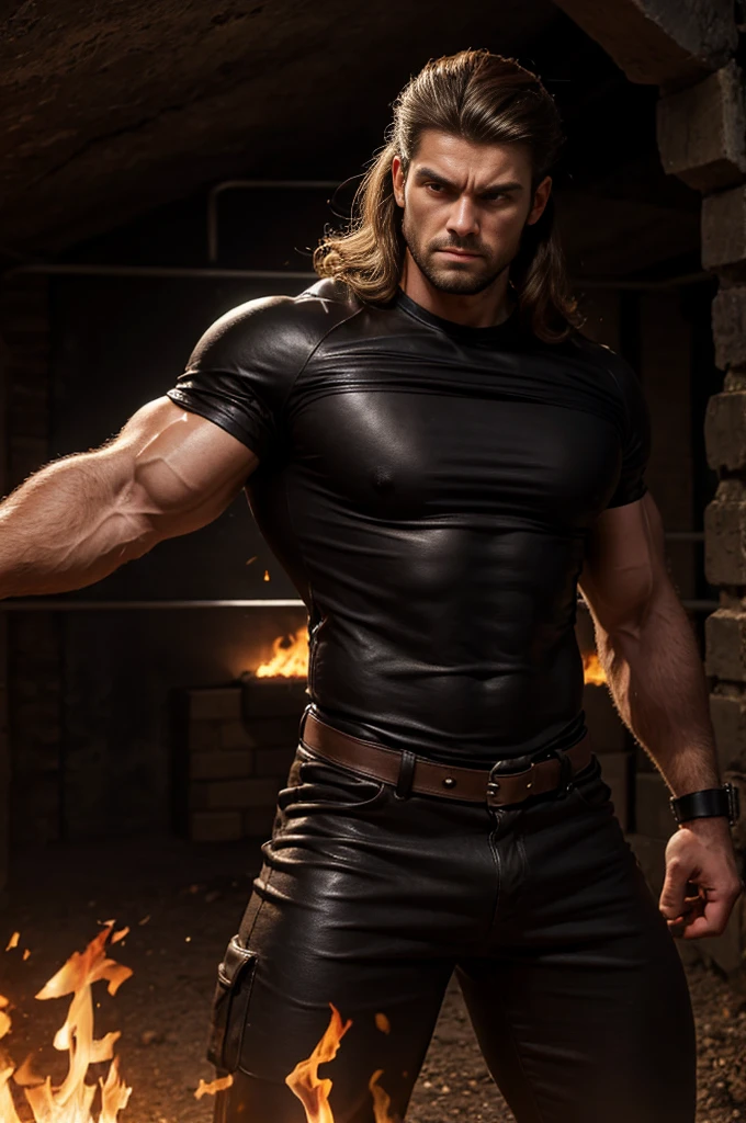 Realistic 8K image of a handsome, strong man, 25 years old, long brown hair, brown eyes, angry expression, dressed in a simple black leather shirt, bandages wrapped around his arms, charging forward invoking flames, large underground dungeon , art in anime style,big biceps,muscular body
