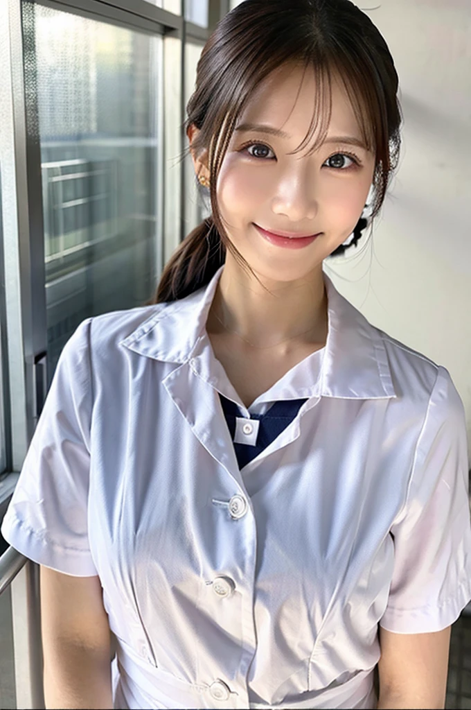 歯科衛生士 女性2人だけsmile Whiteの医療スクラブ着用 日本人 黒髪 20代前半女性　Upper body close-up　smile　Photo shoot in the hospital　White　Nurse uniform　
