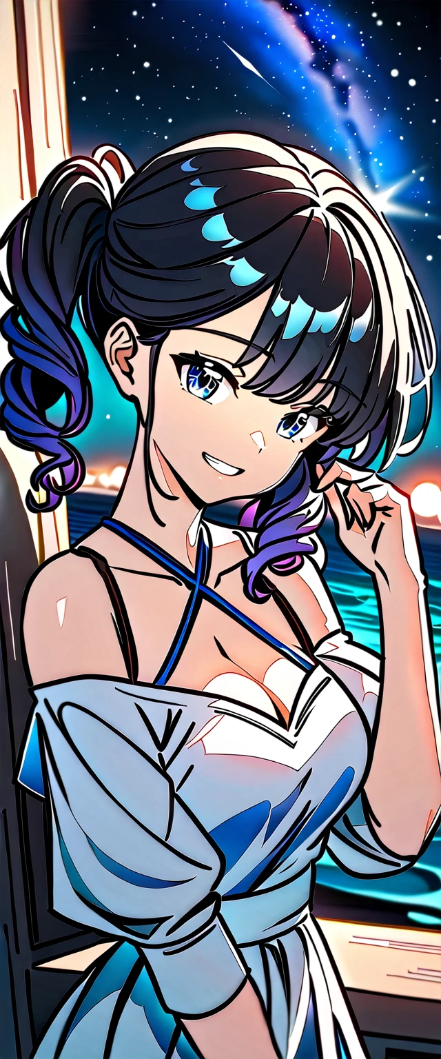 ((grin)), Eyeshadow, False eyelashes, ((off-shoulder dress:1.3, criss-cross halter)), ((white sundress)), ((cleavage)), ((high twin tails, medium hair, spiral curl hair, gradient hair, red and black hair, hair extensions, streak)), ((sunglasses, hand to sunglasses)), (((from side))), ((((upper body)))), bare legs, (()), (((a beautiful starry sky, the Milky Way shining beautifully in the night))), ((on the very high cliff)), wavy hair, inward curled hair, ((sea, nature)), breasts, ager, (looking at viewer), puffy long sleeves, collarbone, head tilt:1.3, (((blue eyes))), happy smile, (((anime style))), (best quality, 4K, 8K, highres, masterpiece:1.2, ultra-detailed, ultra-detailed eyes, HDR, uhd, studio lighting, ultra-fine painting, sharp focus, physically-based rendering, extreme detail description, professional, vivid colors, bokeh)