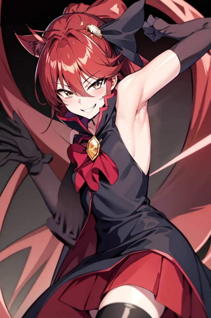 Highest quality, masterpiece, One Girl,Not beautiful, Red Ponytail, Long dress, brooch, Hair Ribbon, Black knee socks, Standing on the rubble, (Wicked Smile:1.1), ,,Dark shadowed face,Sadistic smile,Malice,Contempt,smile,latex,Bad face,,Red Skirt,two hands,two legs,five fingers,evil background,elbow gloves,latex, Wicked Smile, devilish aura (Shiny fabric:1.5),Dark world background,独奏,kick
