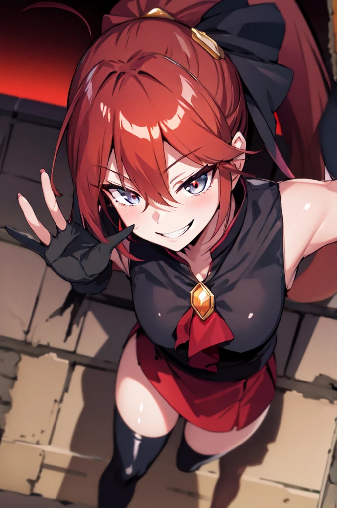 Highest quality, masterpiece, One Girl,Not beautiful, Red Ponytail, Long dress, brooch, Hair Ribbon, Black knee socks, Standing on the rubble, (Wicked Smile:1.1), ,,Dark shadowed face,Sadistic smile,Malice,Contempt,smile,latex,Bad face,,Red Skirt,two hands,two legs,five fingers,evil background,elbow gloves,latex, Wicked Smile, devilish aura (Shiny fabric:1.5),Dark world background,独奏,kick