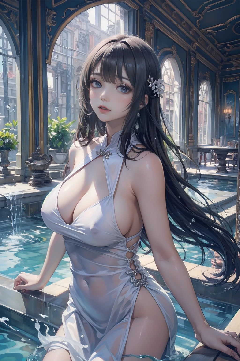 She is wearing a long Chinese dress、8K、、Highest quality、Tabletop、Ultra HD、Super detailed、so beautiful、Super detailed髪質、so beautiful、Portraiture、Ezvian everywhere、Captivating look、Beautiful woman、Long Blue Hair、blue eyes、Glowing Skin、Very large breasts、Water droplets running down the skin、The background is a great night pool、