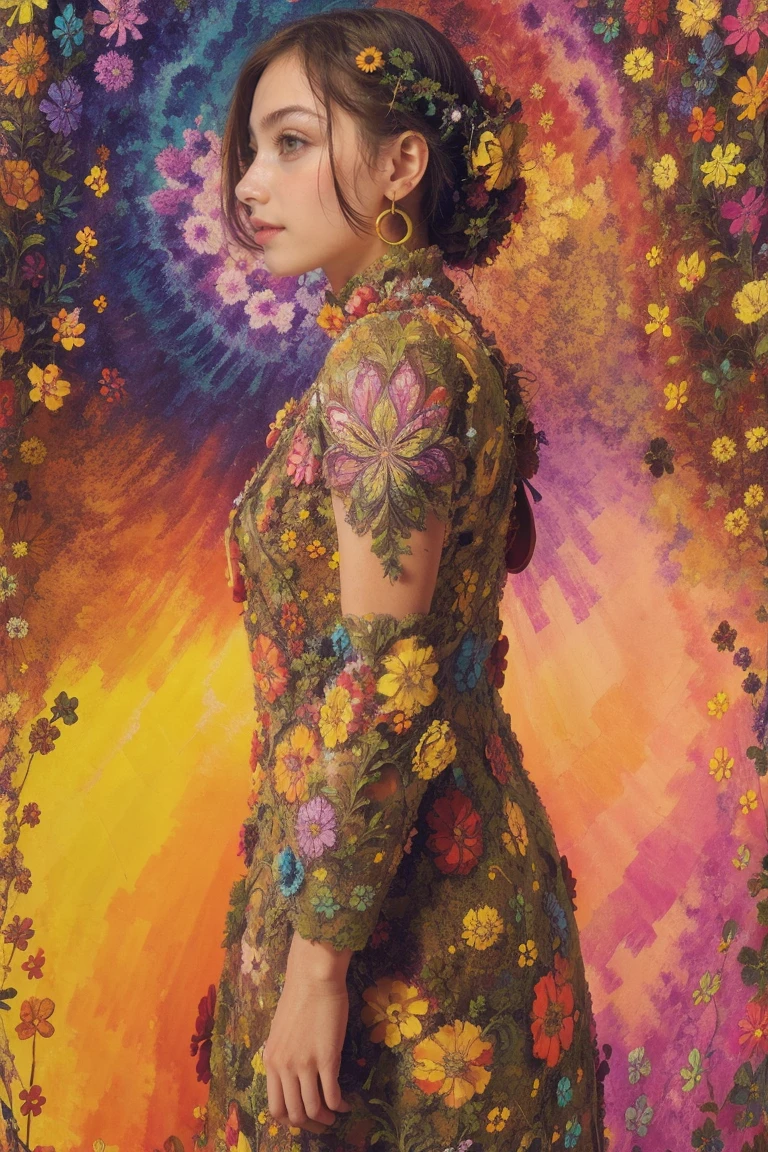 woman, flower dress, colorful, epic background,flower armor, multicolor theme, millions of colors theme, psychedelic style, camouflage pattern:0.5, standing, from side photo