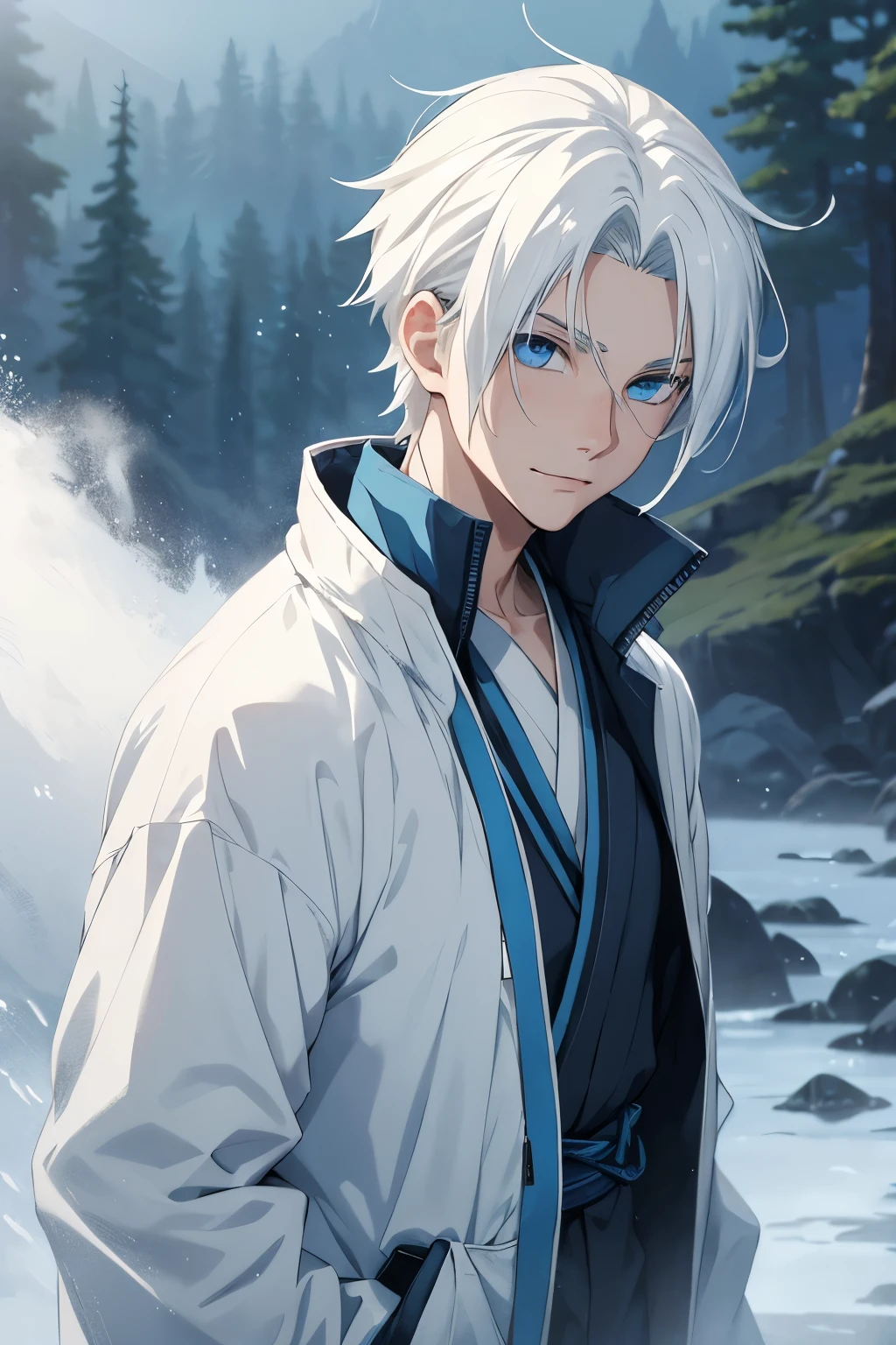 a sixteen year old genin in naruto setting, white hair, aqueous blue eyes, a calm and collected expression with a slight grin on his lip, he wears a light blue jacket robe outside of the white shirt under, mist filled, foggy background