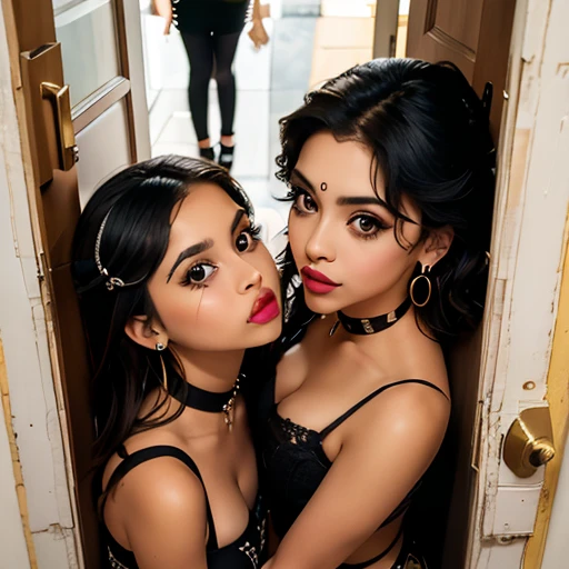 From above, two playful latino girls in a doorway, looking up, big eyes, full lips, eyeliner wings, eye shadow, lip stick, ear ring hoops, choker, begging look, leaning forward,