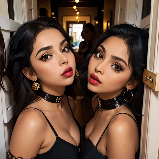 From above, two playful latino girls in a doorway, looking up, big eyes, full lips, eyeliner wings, eye shadow, lip stick, ear ring hoops, choker, begging look, leaning forward,