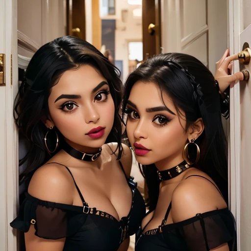 From above, two playful latino girls in a doorway, looking up, big eyes, full lips, eyeliner wings, eye shadow, lip stick, ear ring hoops, choker, begging look, leaning forward,