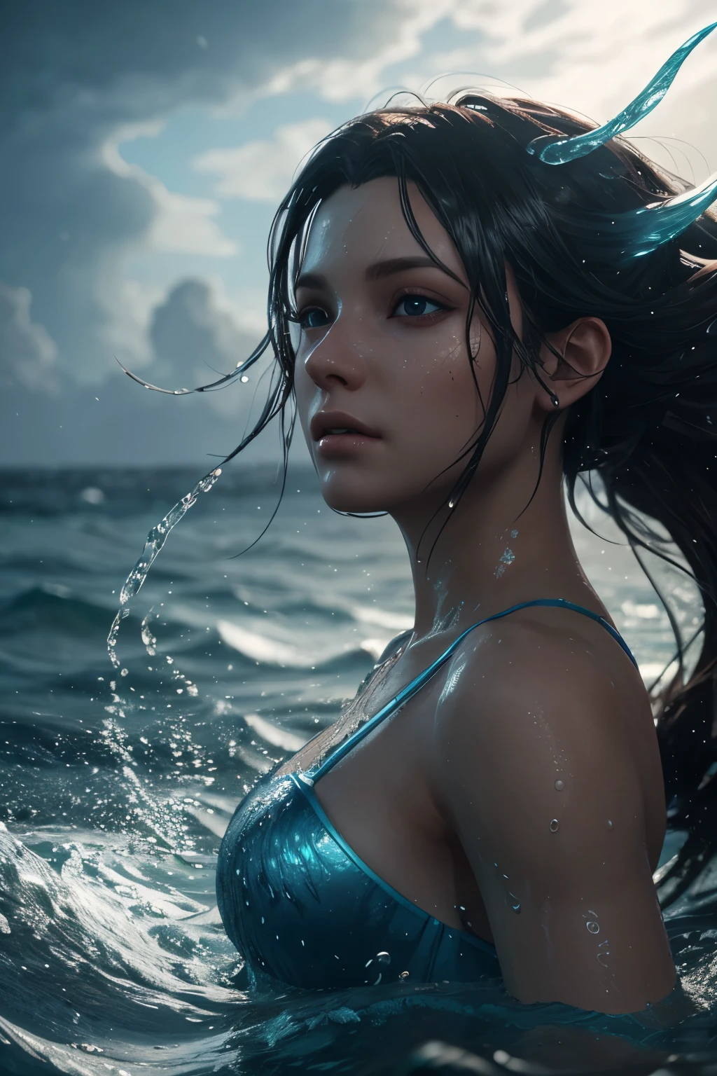 magical ocean goddess, water, spray, waves, finely drawn eyes, 8k resolution, concept art, dynamic lighting, hyperdetailed, intricately detailed, Splash, Unreal Engine 5, volumetric lighting