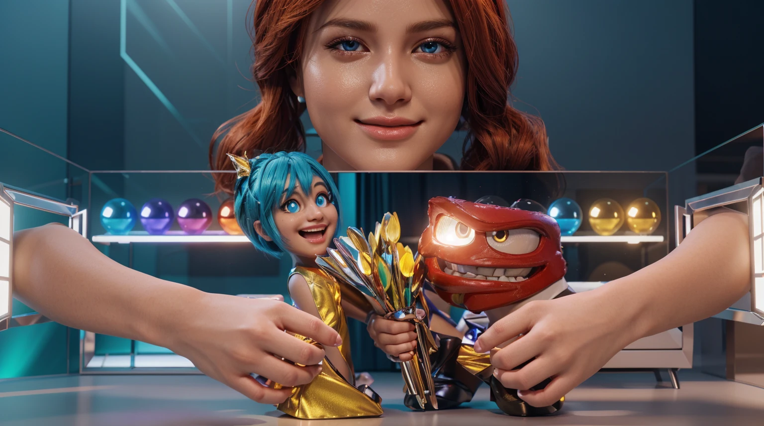 The image shows a scene from a movie where a young girl with blue hair and a yellow dress is holding hands with a girl with red hair and a green dress, smooth 3d model, glossy plastic texture, multiple light sources, rim light, sharp post effects render, most beautiful vfx, , realistic, 4k, high resolution, rim light, smooth 3d model. ,  glossy texture, smooth 3d model, multiple light sources, rim light, sharp post effects render, (glossy plastic texture with multiple big light probe refractions), perfect cgi,   reflective, best quality, 4k, masterpiece:1.2, ultra-detailed, realistic, vivid colors, The image of the highest quality, ensuring every detail showcased perfectly. It in 4k resolution, allowing viewers to immerse themselves in the richness of the colors and intricate details. The realistic rendering. under the spotlight, reflecting, high-resolution image, realistic rendering