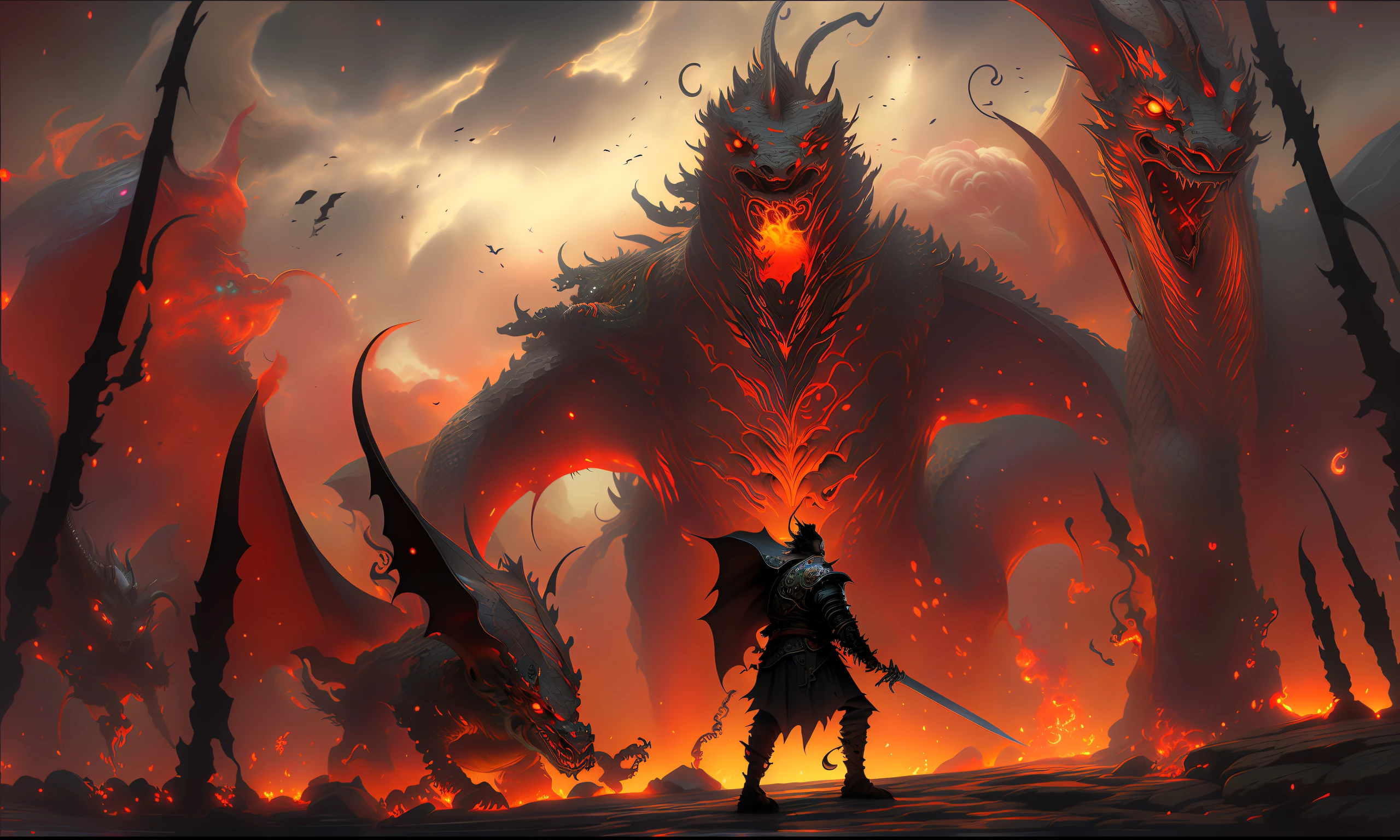 créature démoniaque avec épée et armure devant un feu, bataille avec le dragon, le diable en enfer sous forme de dragon, Art du donjon et des dragons, oeuvre d'art fantastique épique, combattre un dragon, dragon colossal en arrière-plan, art du jeu fantastique épique, illustration fantastique épique, art du jeu de cartes fantastique épique, donjons et dragons art fantastique, oeuvre de RPG épique, art des âmes sombres
