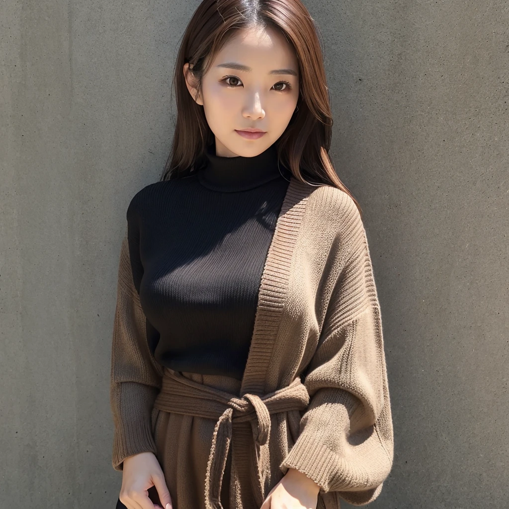 front,From waist to head,30 year old Japanese woman,Brown hair with forehead exposed,Black summer knitwear