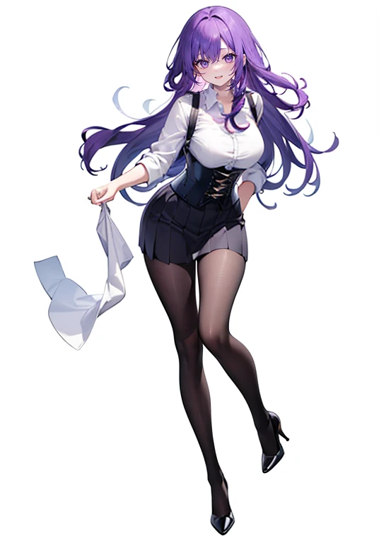 Purple hair,long hair,Adult female,((White shirt)),((Rolling up your sleeves shirt)),(corset),(skirt),High heels,((Simple White background)),Smile,((Full body)),((whole body)),(((upright)))