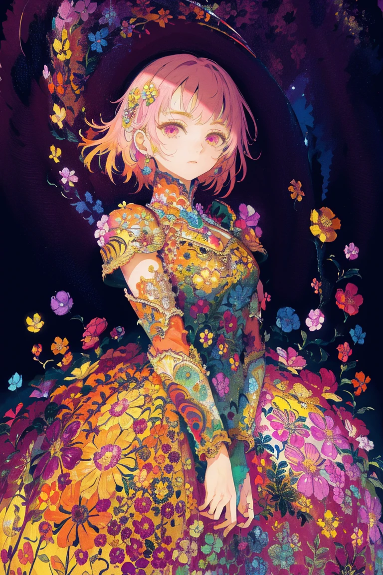 woman, flower dress, colorful, epic background,flower armor, multicolor theme, thousands of colors theme